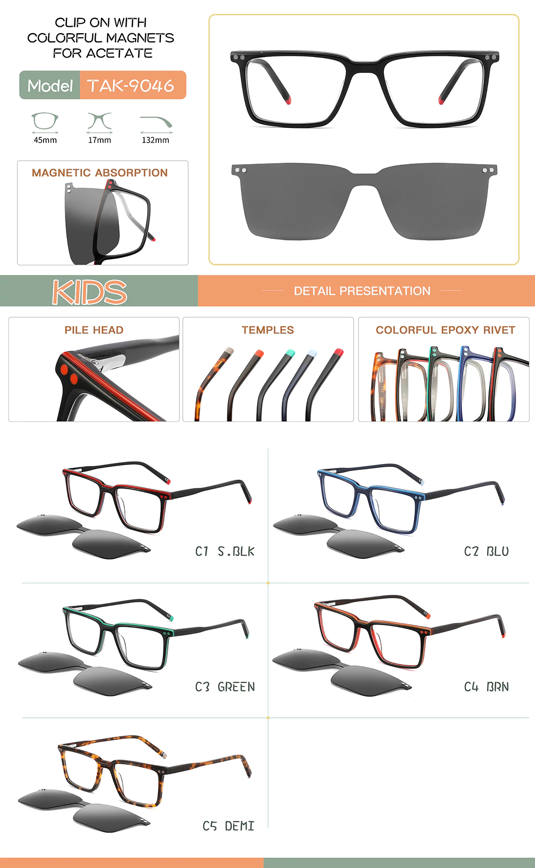 Clip-on eyeglasses TAK9046 in different colors, sizes and detail shots