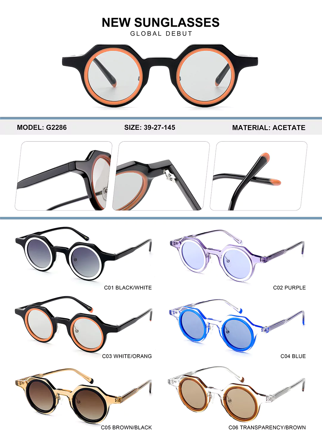 Kids Acetate Glasses G2286 Different colors shown, detail shots, size