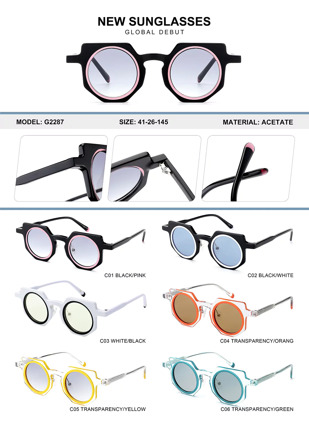 Kids Acetate Glasses G2287 Different colors shown, detail shots, size