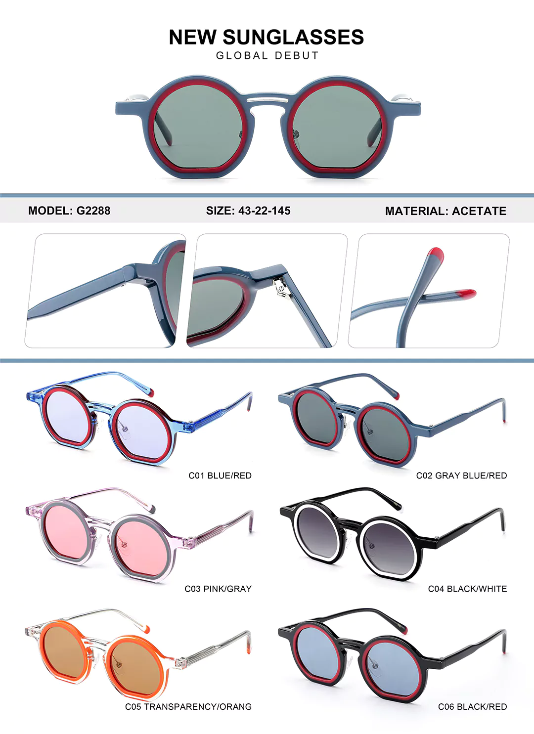 Kids Acetate Glasses G2288 Different colors shown, detail shots, size