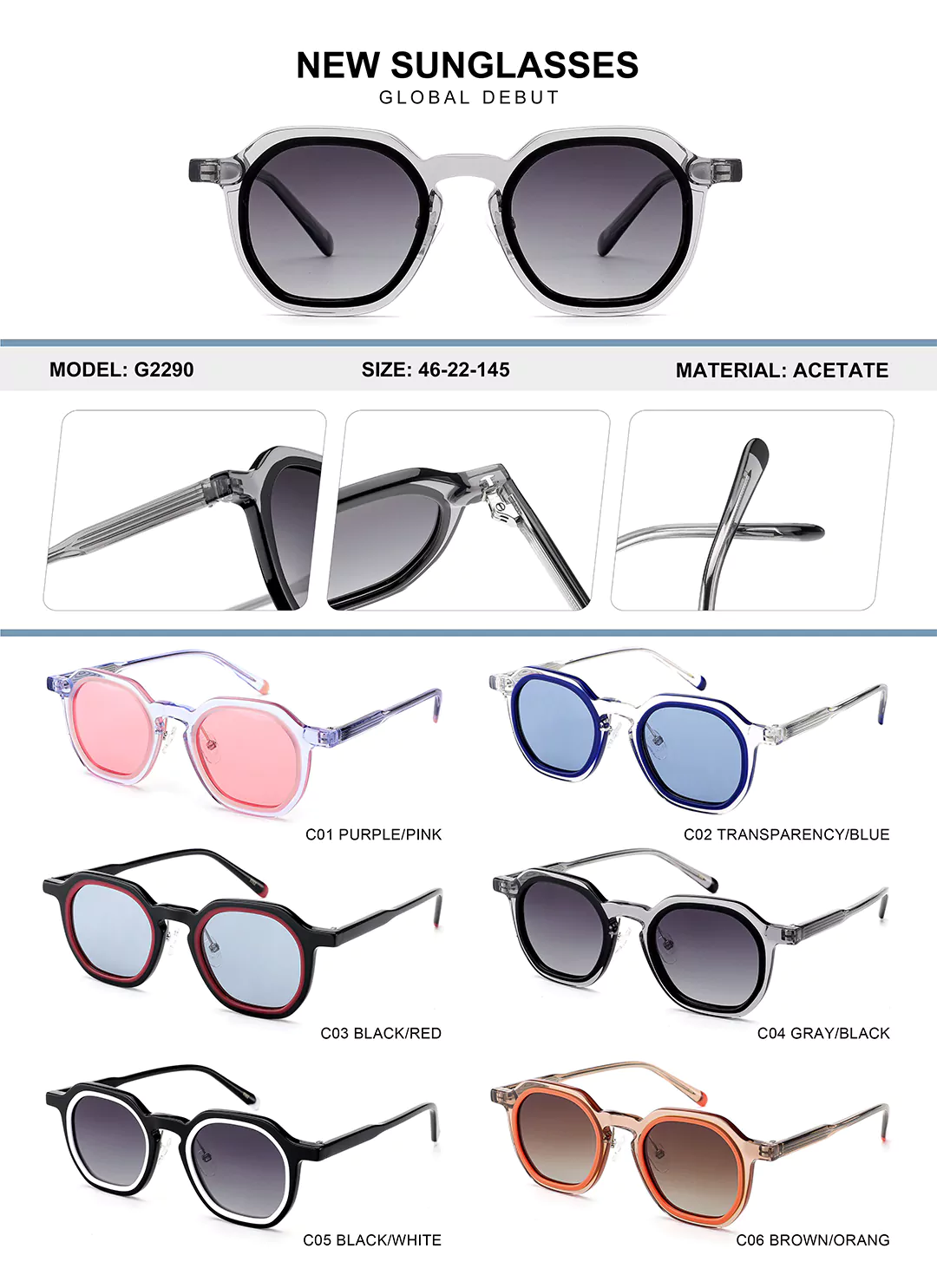 Kids Acetate Glasses G2289 Different colors shown, detail shots, size