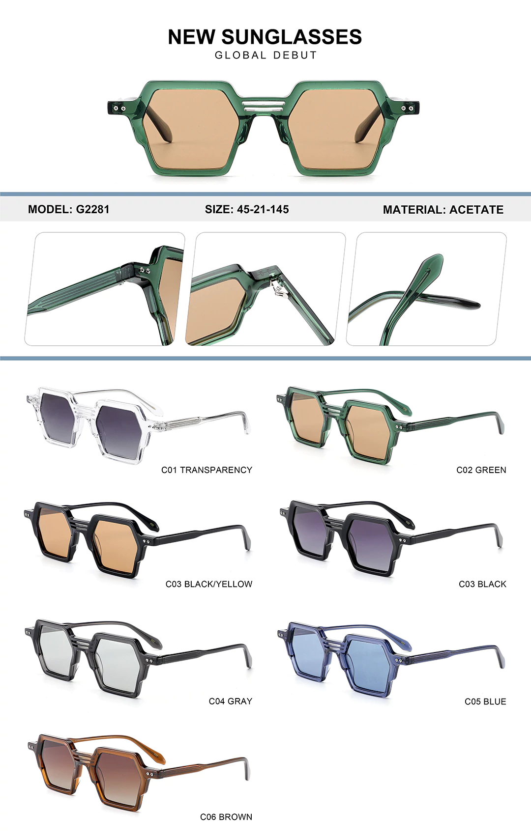 Kids Sunglasses G2281 Size, detail shots, different colors shown