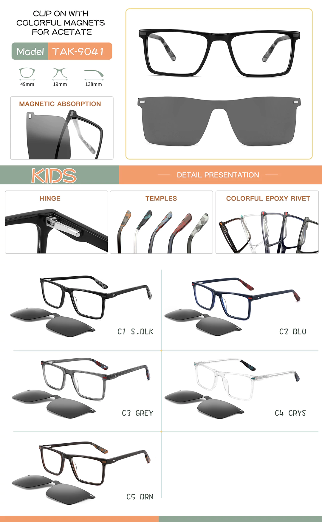 Children's Clip-On Glasses TAK9041 Detailed Shots Different Colors Show Size