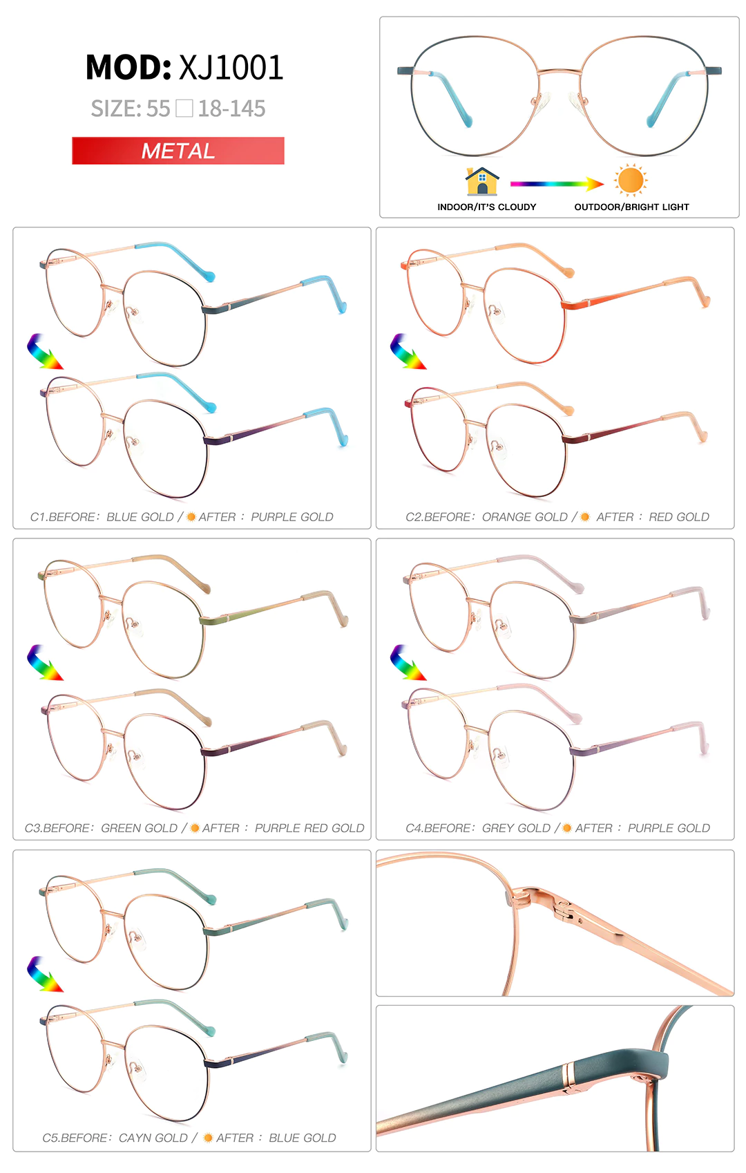 Color Changing Glasses XJ1001 Size No. Different Color Styles Before and After Color Changing Demonstration
