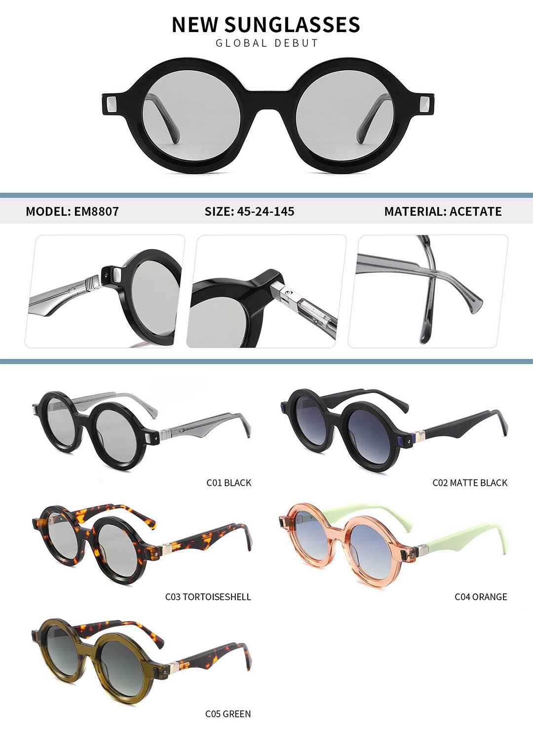 Sunglasses EM8807 Detail Shooting Size Different Color