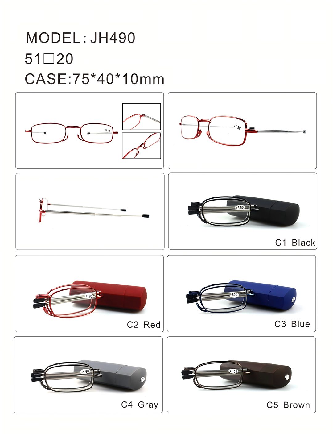Foldable Reading Glasses - JH490 - Folding - Glasses Case - Detail - Colors