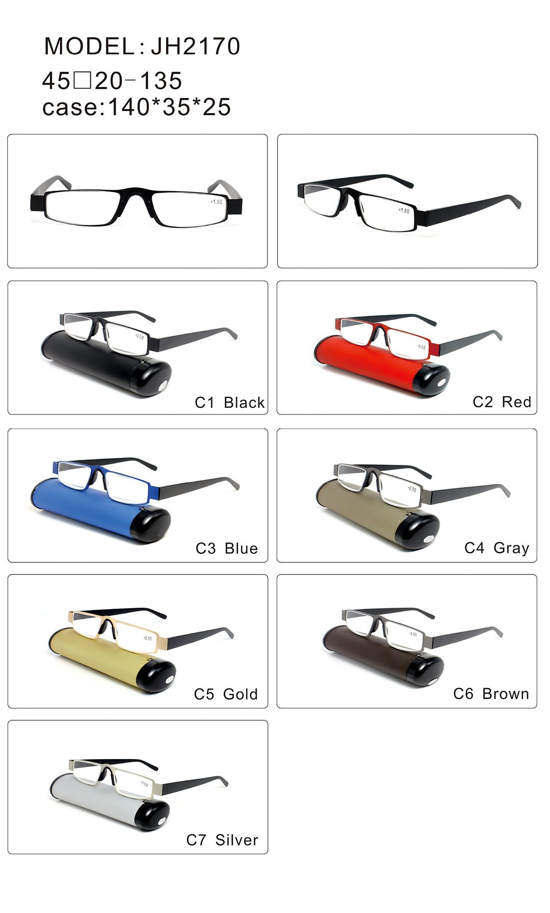 Metal Reading Glasses - JH2170 - Glasses Case - Wide Temple Arms - Detail - Colors