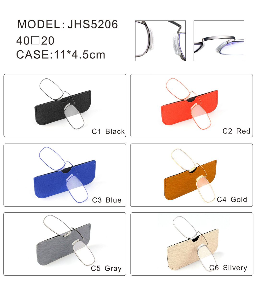 Reading Glasses - JHS5206 - Saddle Nose Pad - Glasses Case - Details - Color - Glasses Sleeves