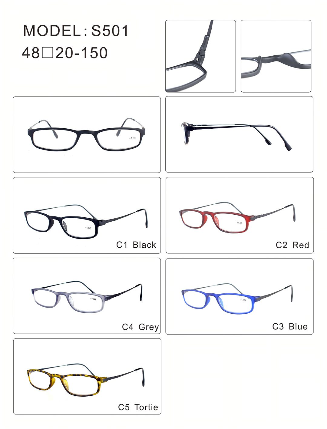 Reading Glasses - S501 - Memory Plastic - Memory Metal - Product Dteail - Colors