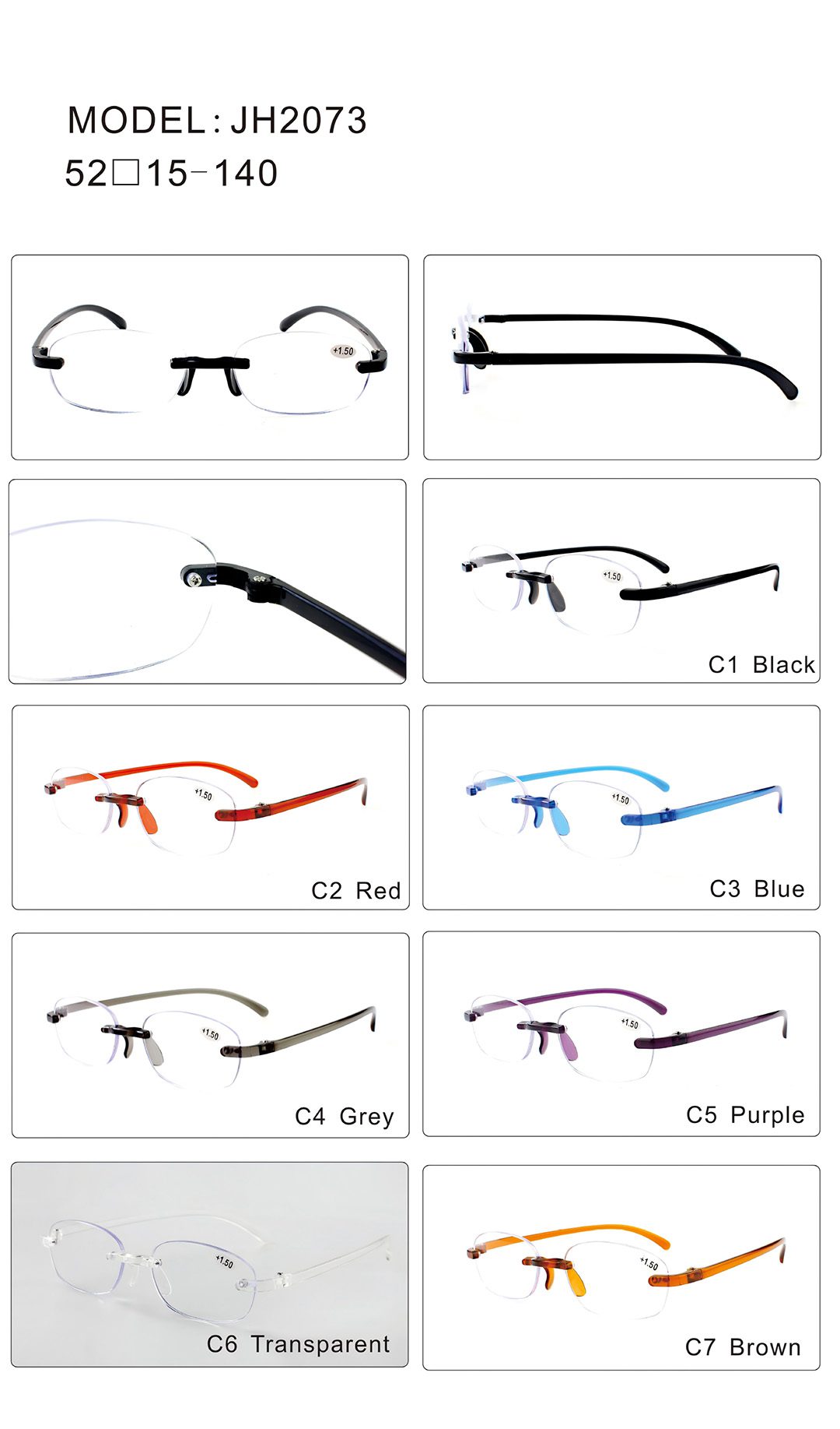 Rimless Reading Glasses - JH2073 - Lightweight - Detail - Colors