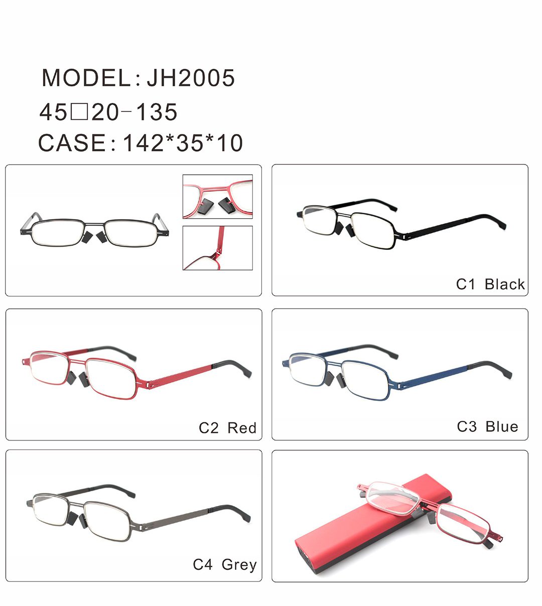 Screwless - Reading Glasses - JH2005 - Metal Frame - Detail - Color - Glasses Case - Set - Metal Frame