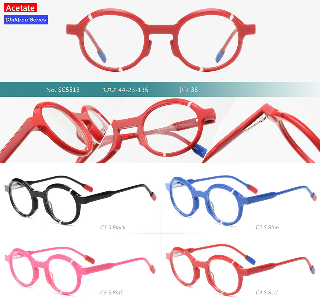 Kids Round Acetate Glasses 005513, Balck, Blue, Pink, Red