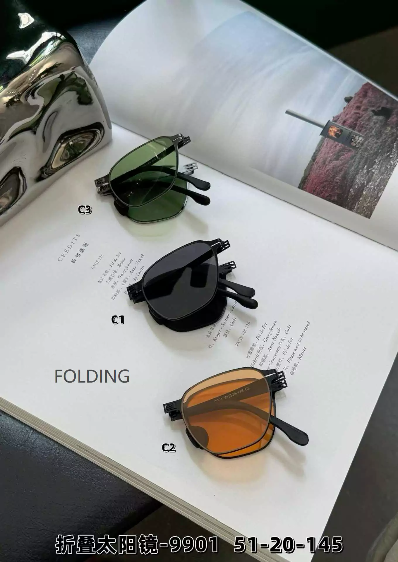 Stainless Steel Folding Sunglasses 9901 - Folded Display - Gunmetal/Green - Black/Grey - Tea/Black